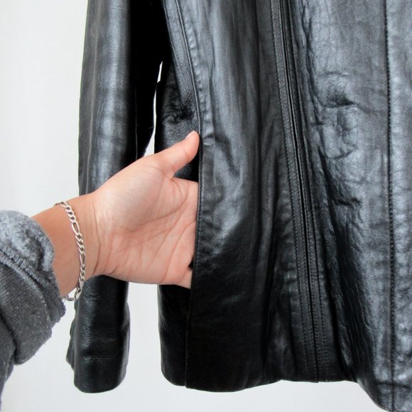 VTG 90s Faux Fur Collar Black Leather Jacket Y2K Leather Jacket Chic Modern Fit - Picture 6 of 16